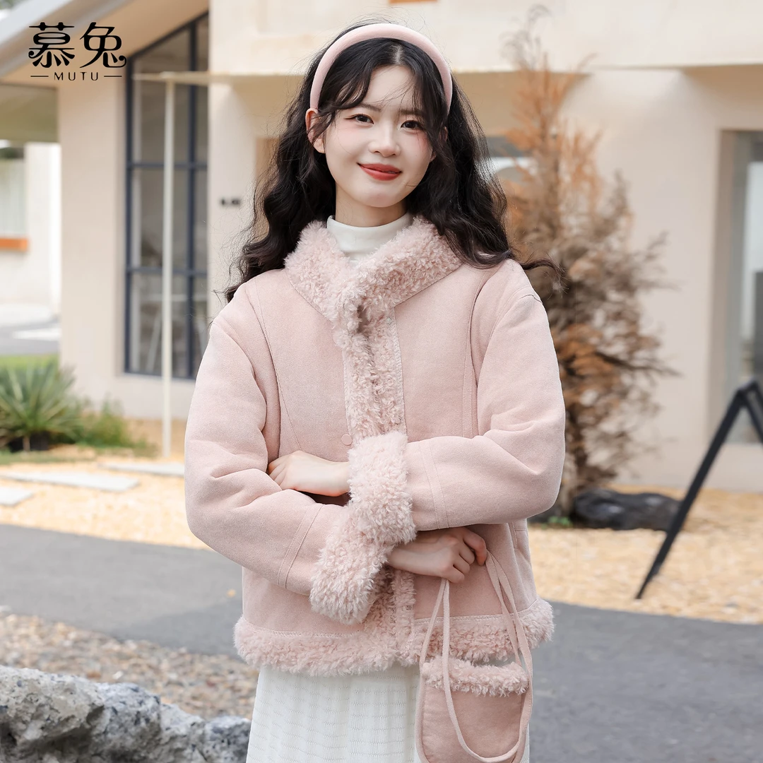 慕兔小香风拼接羊羔毛外套女2025秋季新款加厚皮毛一体上衣