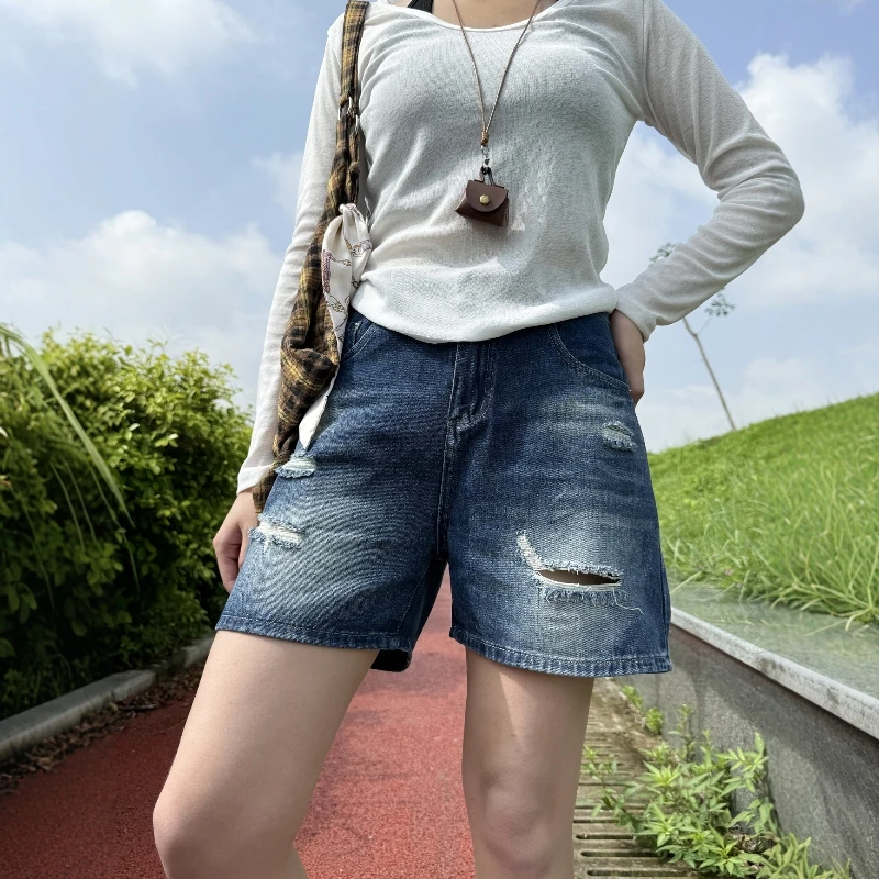 美式复古破洞直筒牛仔裤女2025夏季薄款高腰显瘦四分a字阔腿裤