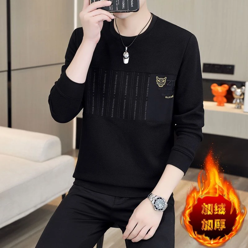 时尚圆领男士卫衣春秋季潮牌黑色休闲长袖柔软舒适加绒刺绣打底衫