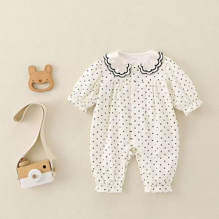 婴幼儿春秋双层波点荷叶领女宝宝休闲长袖连体衣
