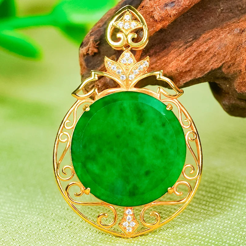 18k金镶嵌天然翡翠玉坠A货满绿镂空花丝时尚翡翠绿圆牌吊坠七夕节