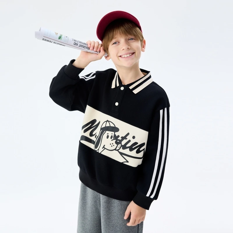 马拉丁童装儿童卫衣冬装中性大童美式印花撞色polo领卫衣