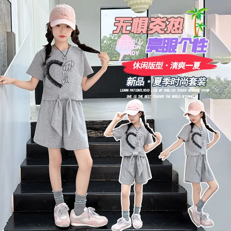 女童网红套装夏季新款中大童短袖t恤短裤两件套儿童运动洋气衣服