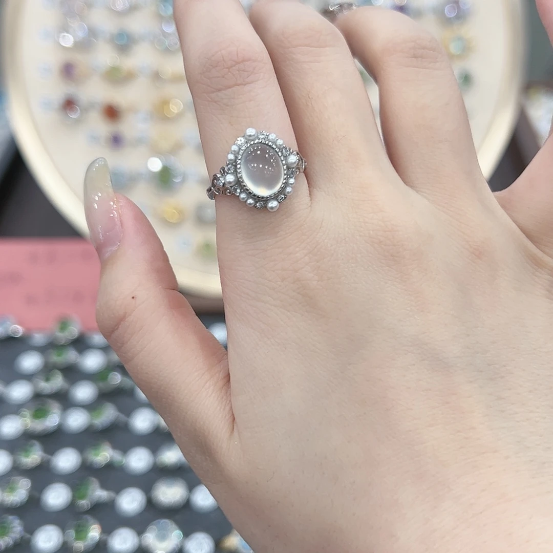 蛇纹石玉戒指银S925镶嵌果****妈