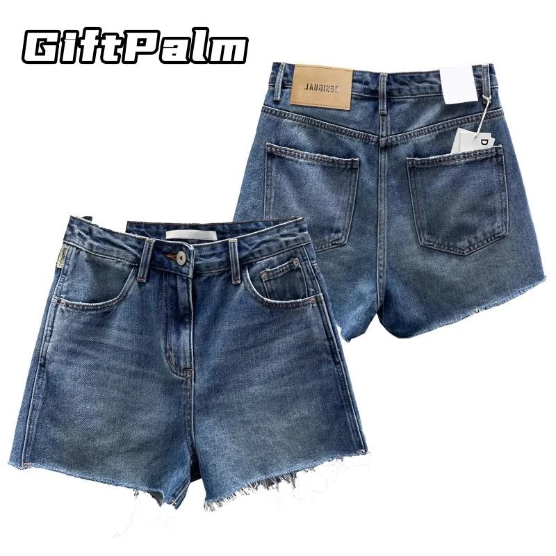 GiftPalm蓝色高腰牛仔短裤女夏季大码胖mm宽松显瘦小个子阔腿a字