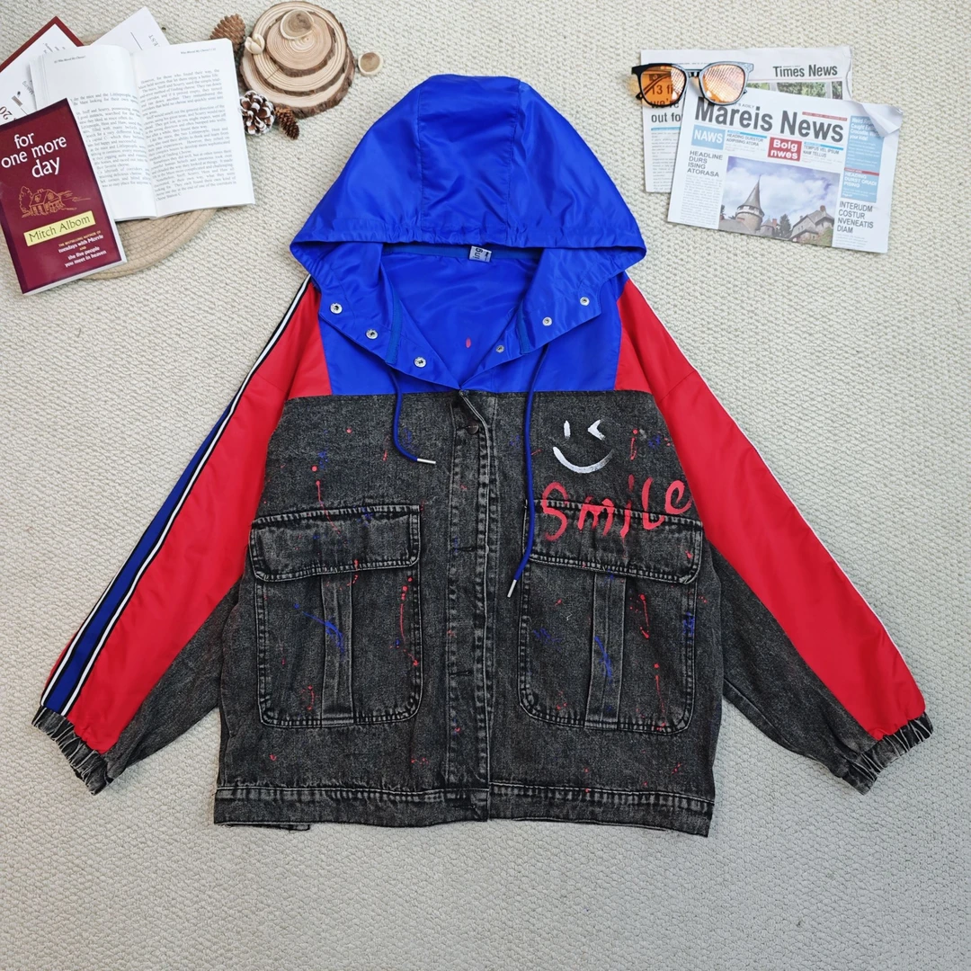 2025春季新款时尚百搭设计感拼接牛仔连帽外套0127