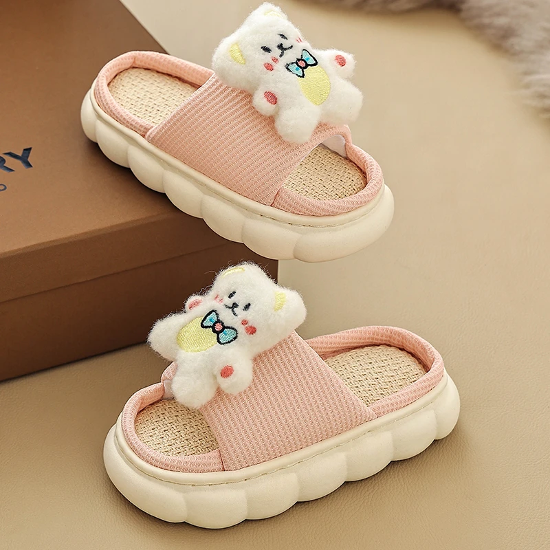 儿童拖鞋亚麻新款室内女童春秋小孩亲子宝宝男童卡通防滑家居鞋