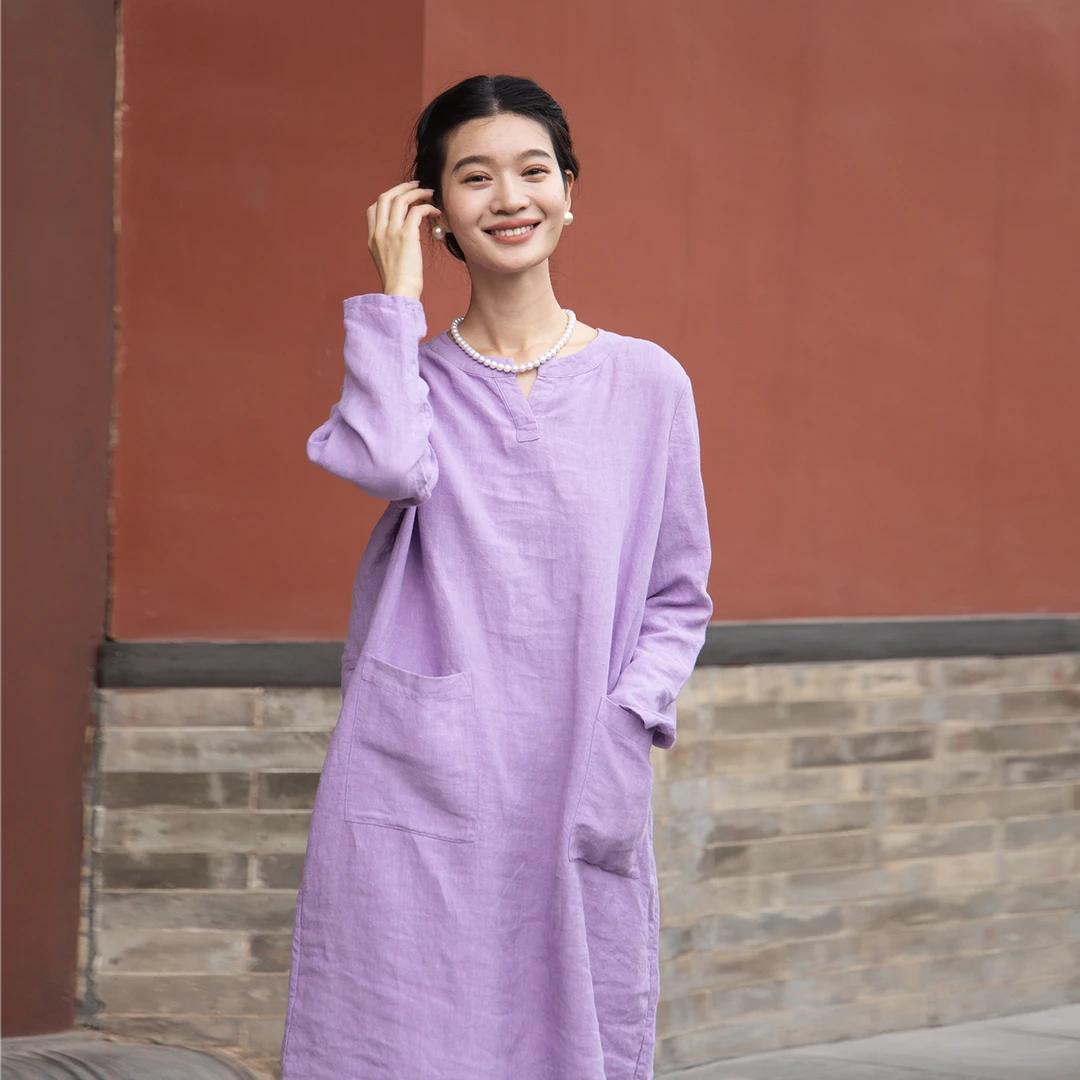 557朵/重磅皱纹砂洗亚麻开V领宽松文艺长袖中长款连衣裙女秋