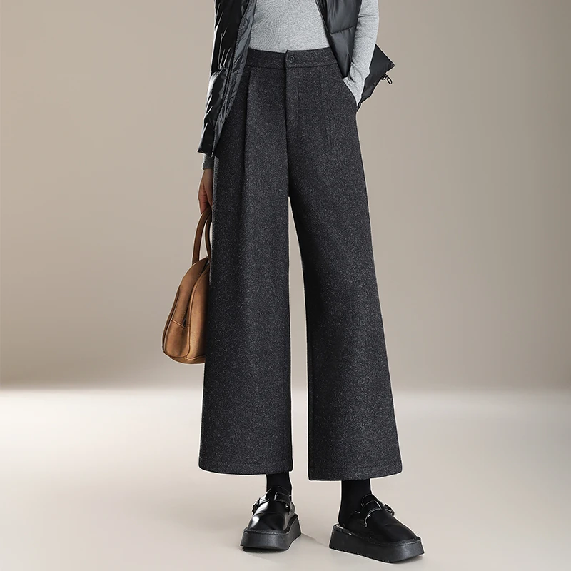 冬季裤子女加绒阔腿裤高腰大码小个子九分直筒裤时尚通勤毛呢长裤