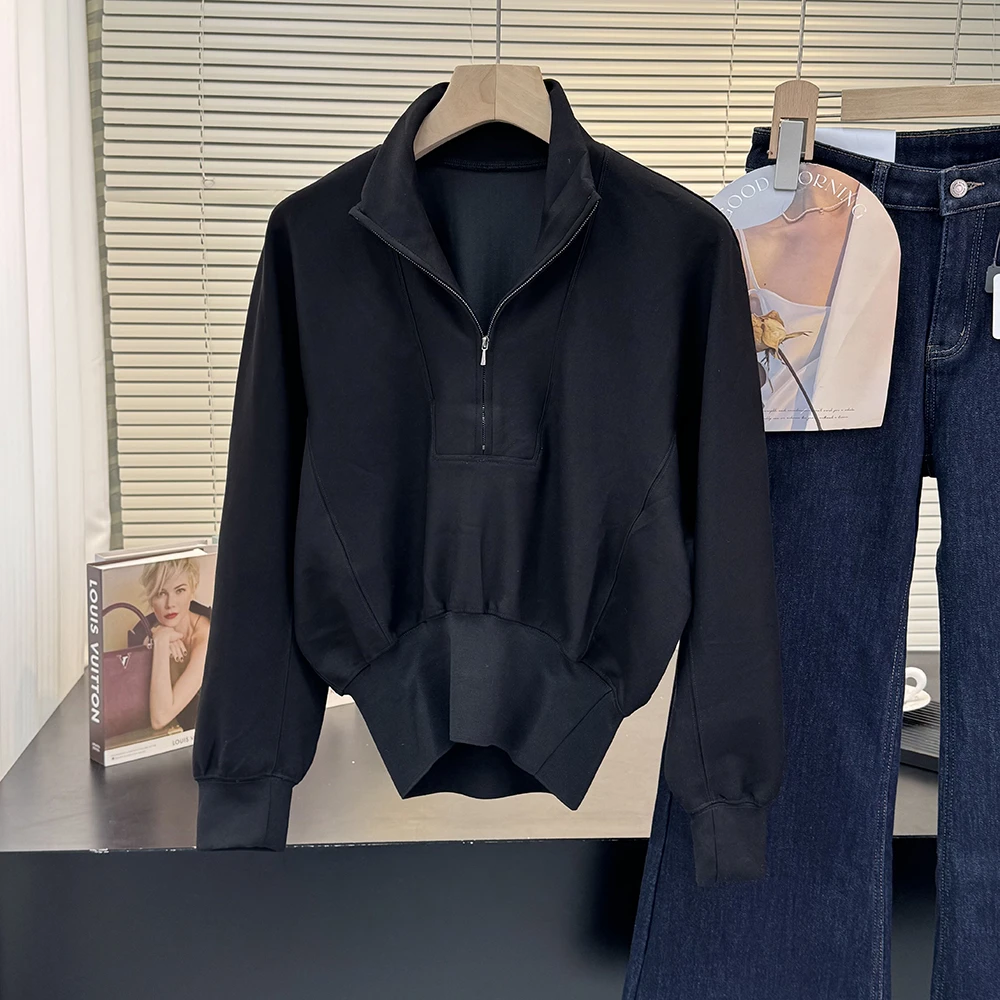 时尚休闲百搭半拉链长袖秋冬新款宽松设计感立领卫衣13164