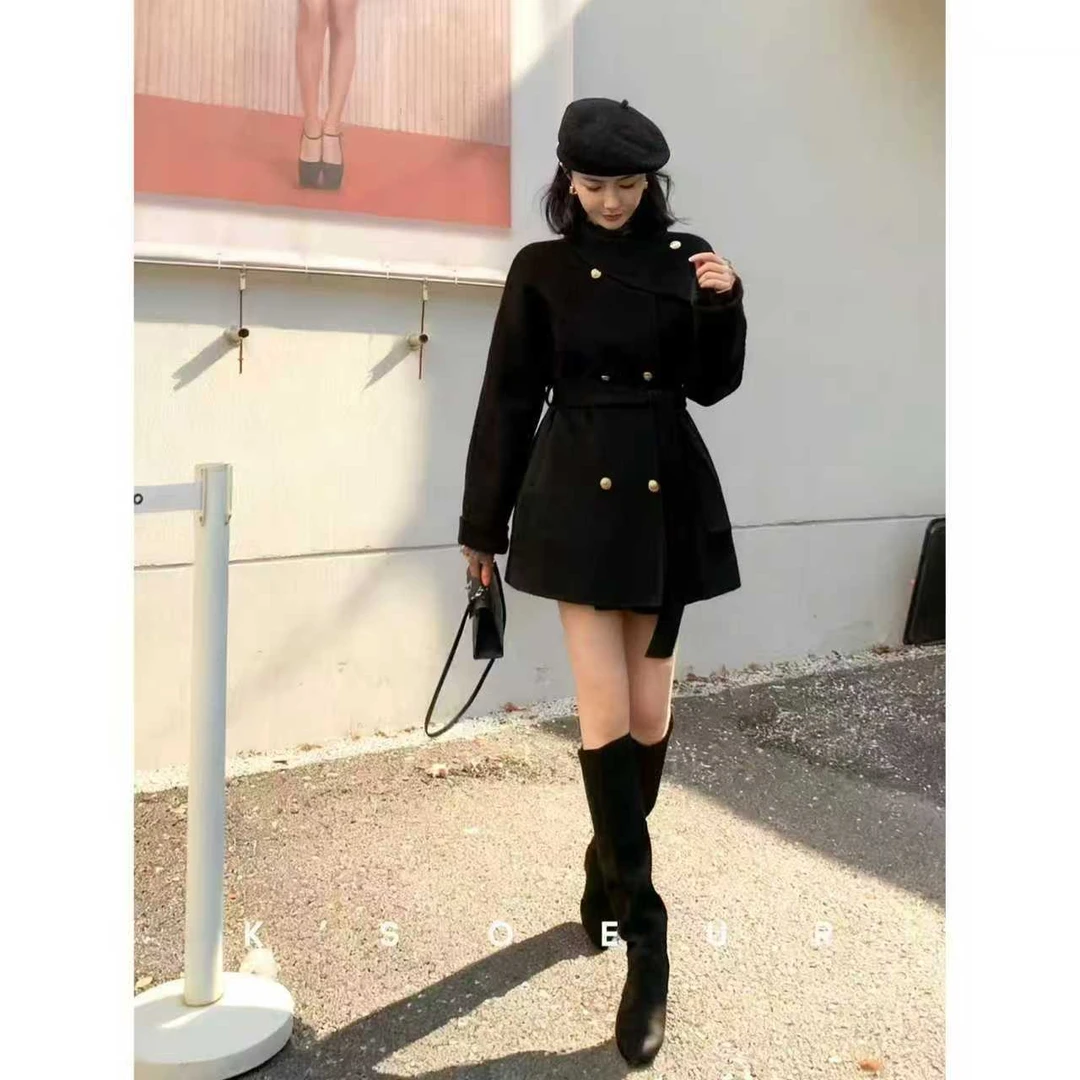 K351【千金女主】秋冬网红千金风显瘦系带针织毛呢外套大衣外套