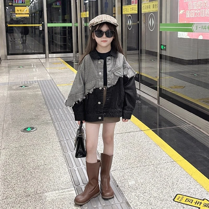 女童春装痞帅炸街外套2025新款儿童春秋款中大童春季拼接牛仔潮酷