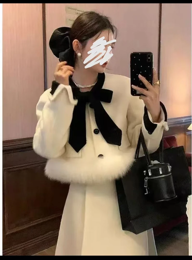 公主 【现货】名媛呢子套装】正肩蝴蝶结呢子夹棉半身裙两件套（6189）