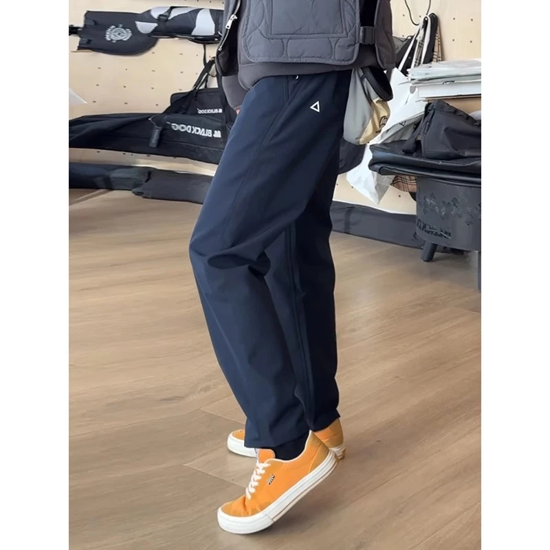 藏青色三角标裤子男款秋冬季加绒冲锋裤防风防水工装裤窄版防寒裤