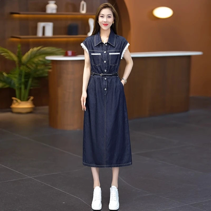 牛仔连衣裙女夏季短袖薄款2025新款收腰显瘦中长款时尚翻领衬衫裙