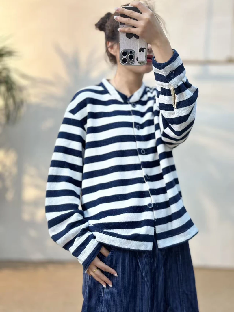2510421忆古朴拙春季圆领条纹厚款百搭上衣女装长袖开衫外套