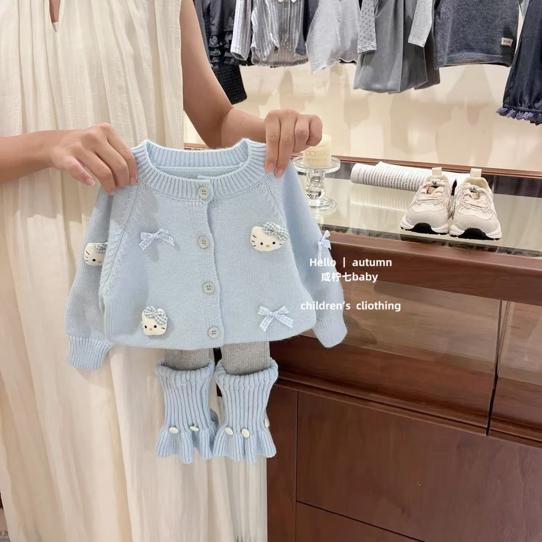 【咸柠七】原创！女童秋季毛衣套装kt猫开衫外套袜套打底裤两件套