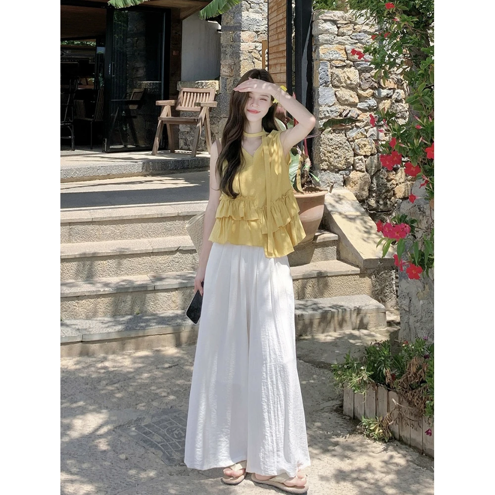 不规则荷叶边甜美无袖衬衫阔腿休闲长裤女2025夏季新款时尚套装潮