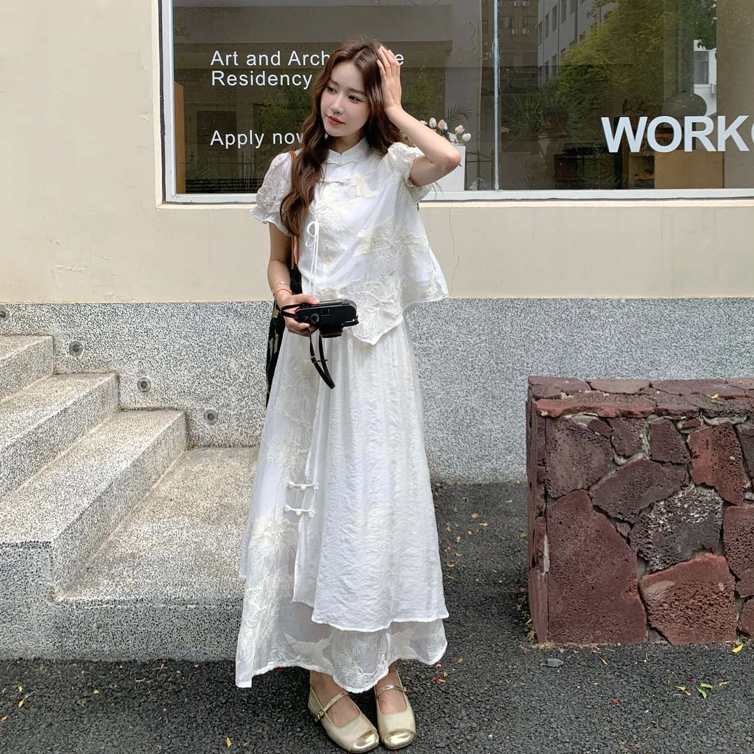 新中式国风刺绣套装裙女2025年夏季新款改良旗袍上衣半身裙两件套