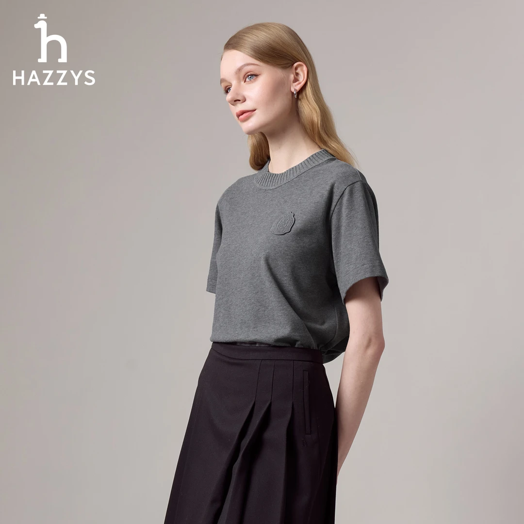 【商场同款】HAZZYS哈吉斯秋季重磅宽松短袖T恤衫女士时尚休闲上衣