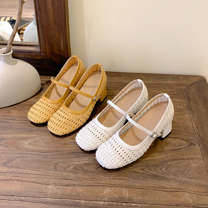 8cm内增高玛丽珍鞋女2025新款夏季编织镂空渔网凉鞋粗跟高跟单鞋