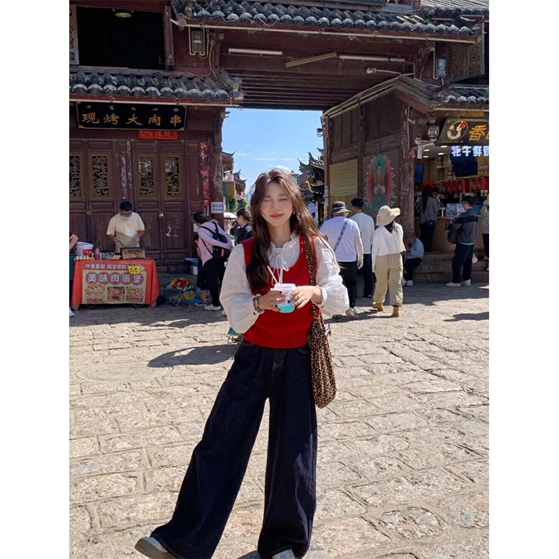 2025新款女士早春季U领叠穿针织马甲休闲宽松衬衫高腰直筒阔腿裤