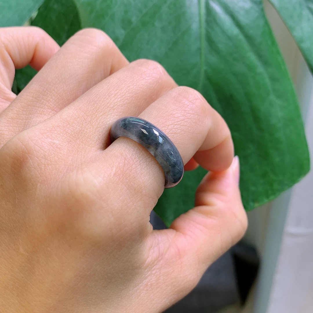 14圈口缅甸天然翡翠A货冰乌鸡戒指A780#