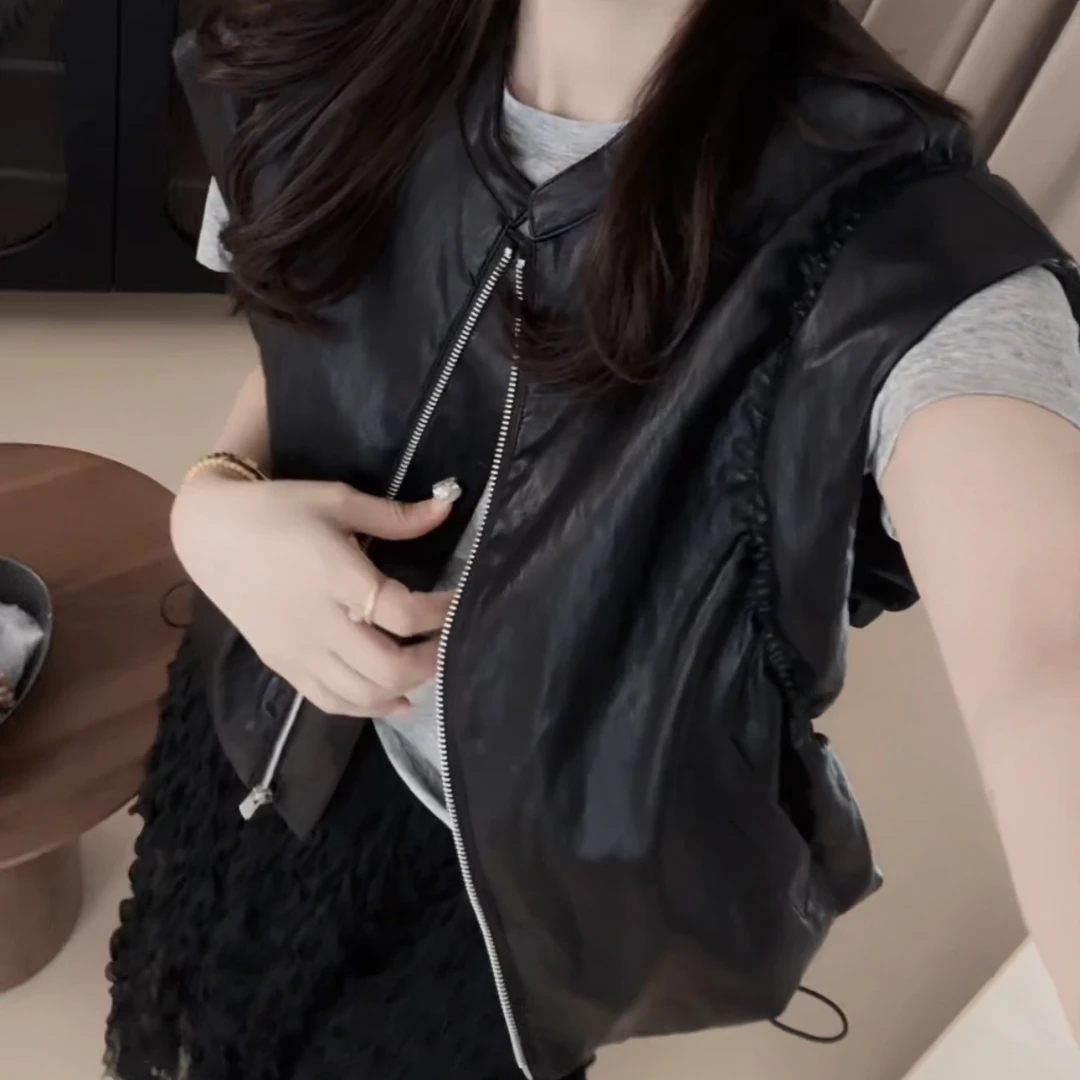 伟丽店3089款【皮马甲】春季港风飞飞袖短款皮马甲