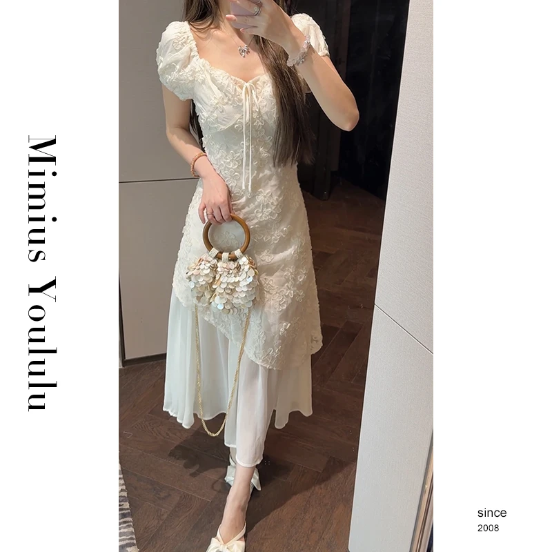 【mimius】喵喵法式浪漫重工立体花朵假两件连衣裙 G04486