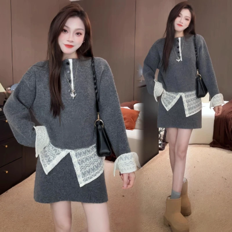 时尚套装裙女2025冬季新款洋气显瘦蕾丝拼接针织衫半身裙两件套潮