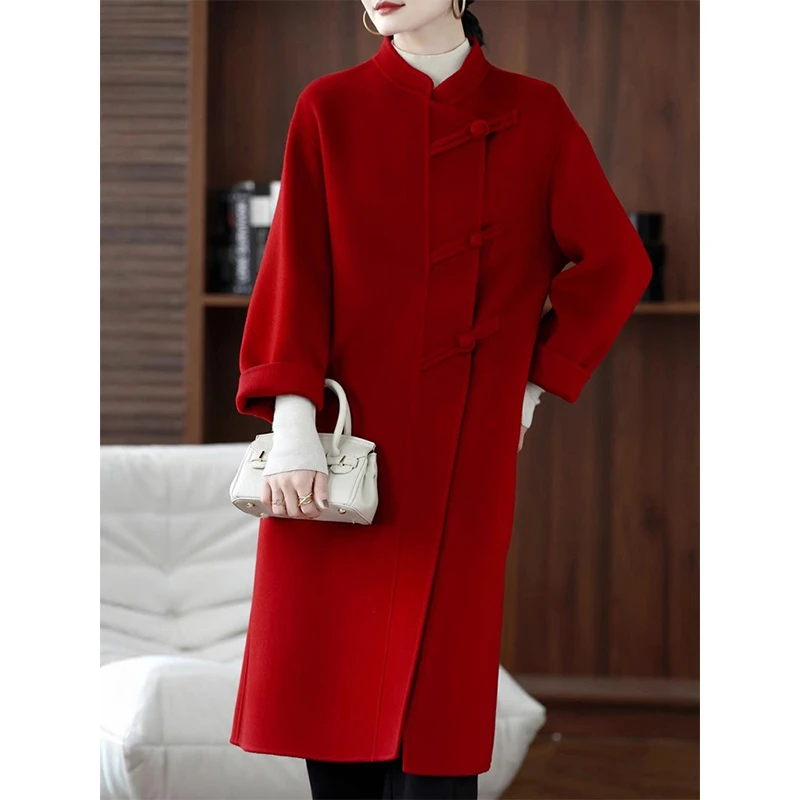 红色呢大衣女秋冬季高级感高贵气质新中式国潮风纯羊毛双面呢外套