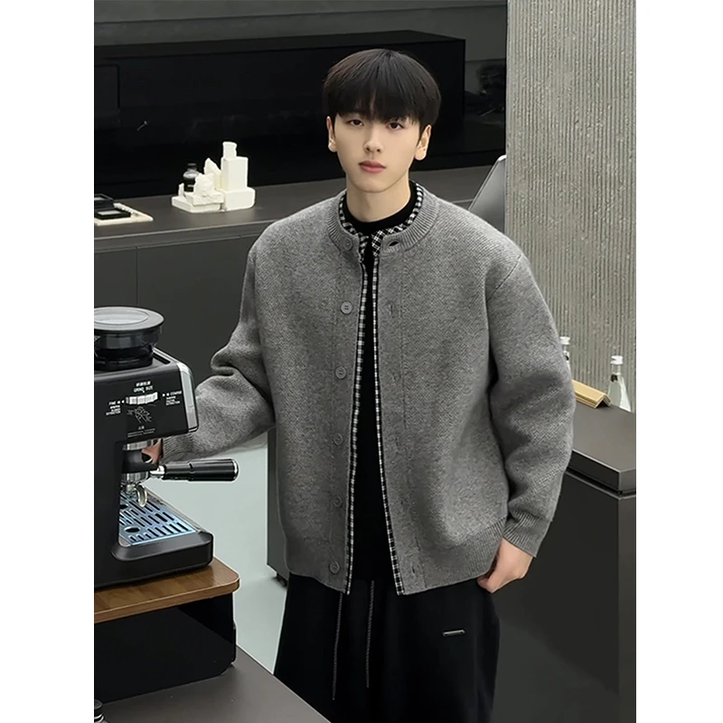 美式复古假两件针织格子开衫外套男款冬季慵懒高级感拼接灰色毛衣