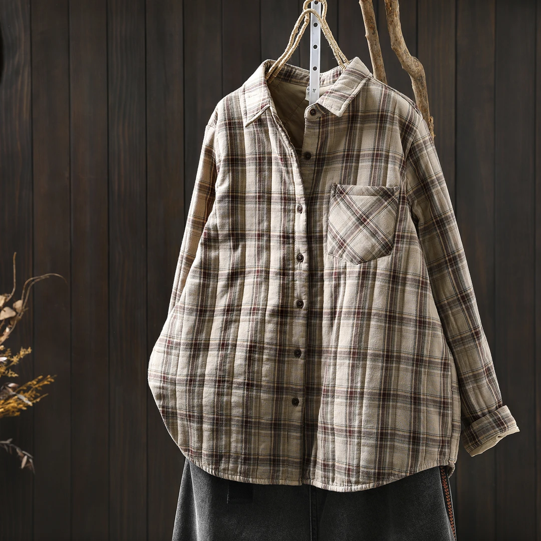 棉服女款2025新款秋冬小个子二棉夹棉棉衣轻薄小棉袄格子衬衫外套