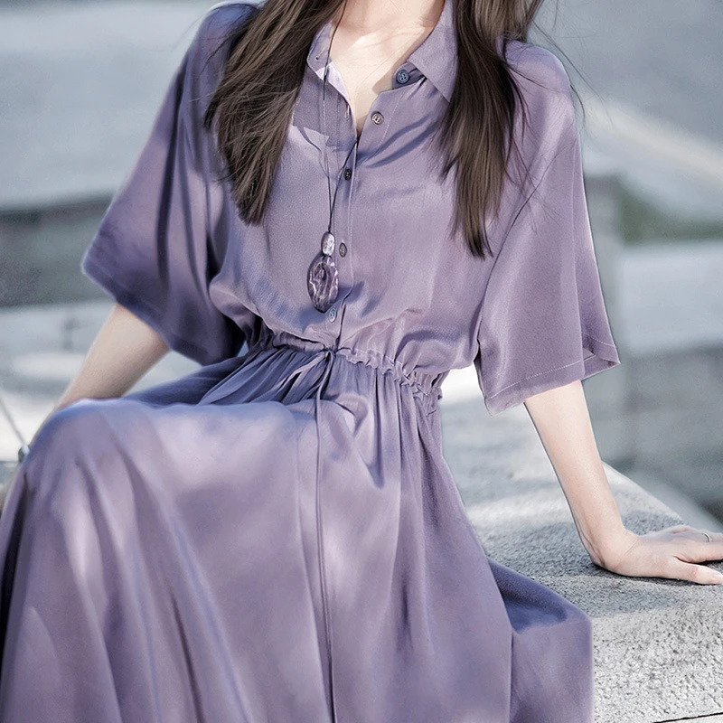 真丝衬衫裙 100桑蚕丝连衣裙 高级感短袖长裙子2025杭州女装夏季