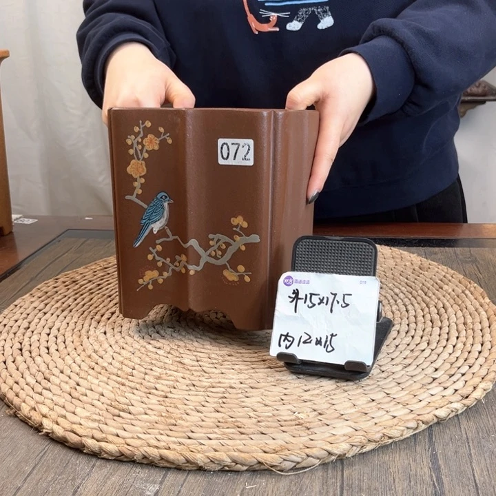 紫砂花盆紫泥喜上眉梢菱花072