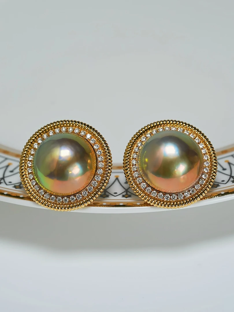 美珍真 18K金镶嵌钻石 海水马贝珍珠耳饰 焦糖马贝 14-15mm 时尚