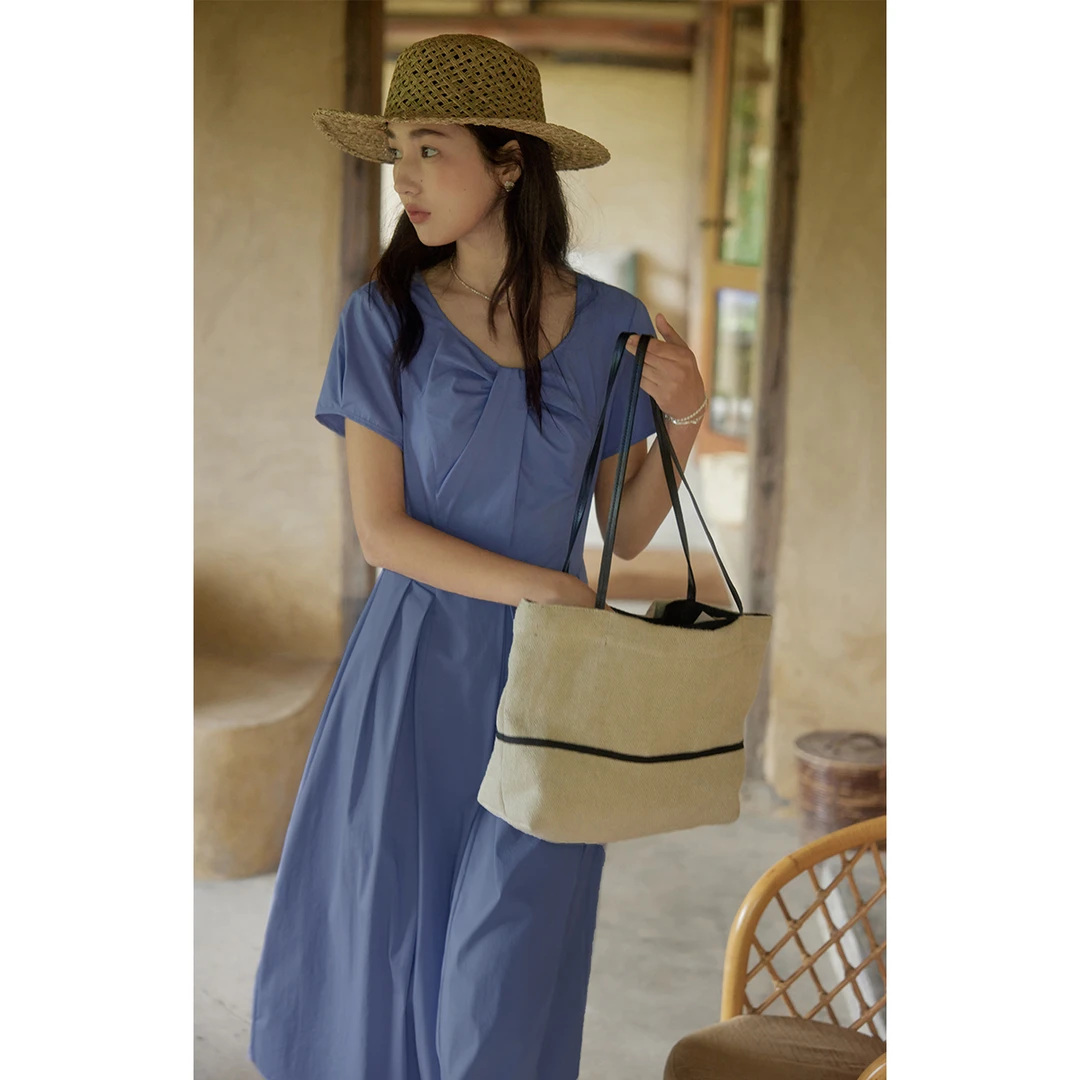 solighter 法式复古v领扭结衬衫连衣裙夏季5I0520L12X3