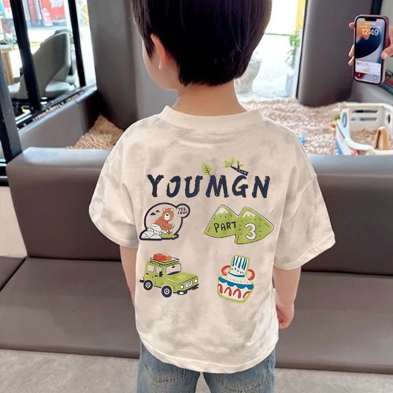 扎染纯棉100夏季儿童上衣短袖夏装男童新款T恤卡通女童半袖t恤