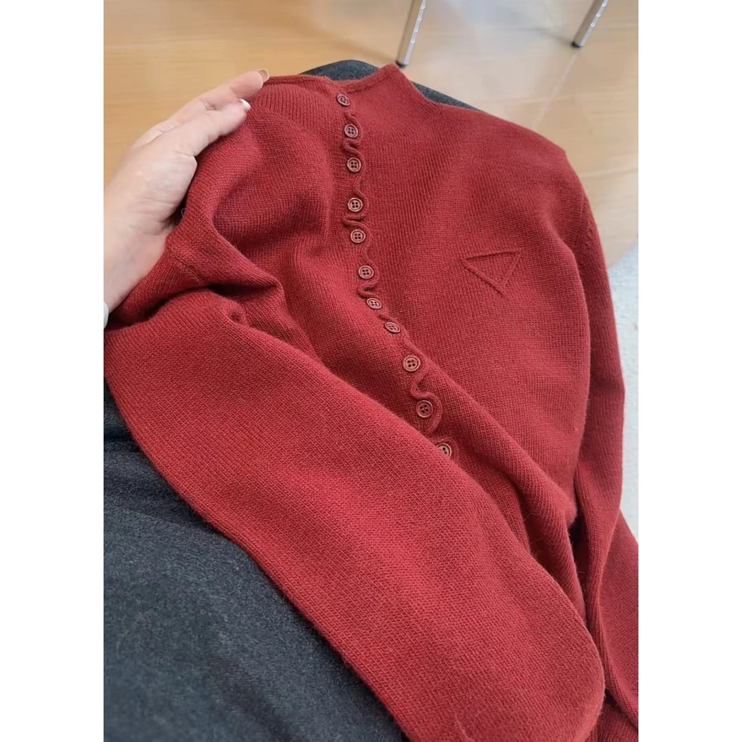 丽姐家~花边扣安可拉红长袖纯色百搭早秋开衫上衣