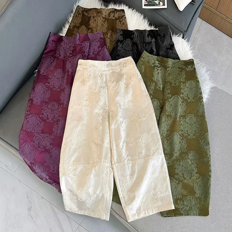 高端欧货早秋新款立体浮雕提花新中式国风宽松显瘦直筒九分阔腿裤