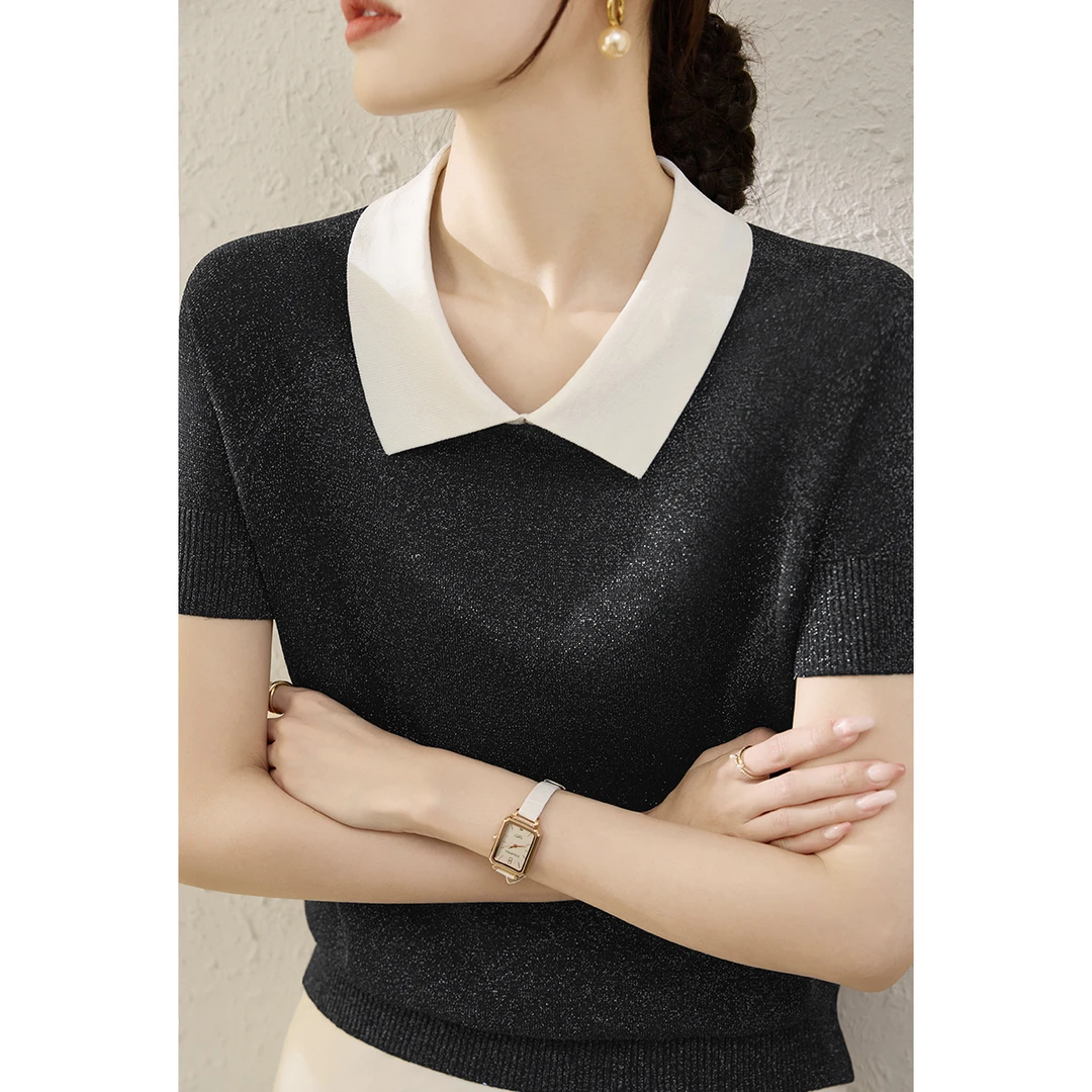 时尚百搭黑色套头莱赛尔天丝POLO领T恤宽松显瘦上衣女夏季上衣