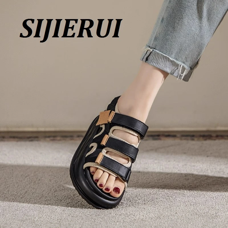 SIJIERUI增高休闲凉鞋女2025年夏季厚底高跟罗马鞋魔术贴沙滩鞋女