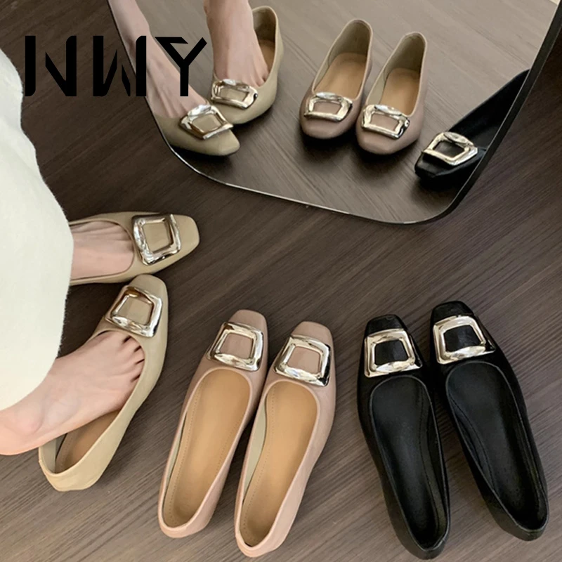 法式气质杏色金属方扣晚晚鞋2025新款软皮方头时尚通勤玛丽珍瓢鞋