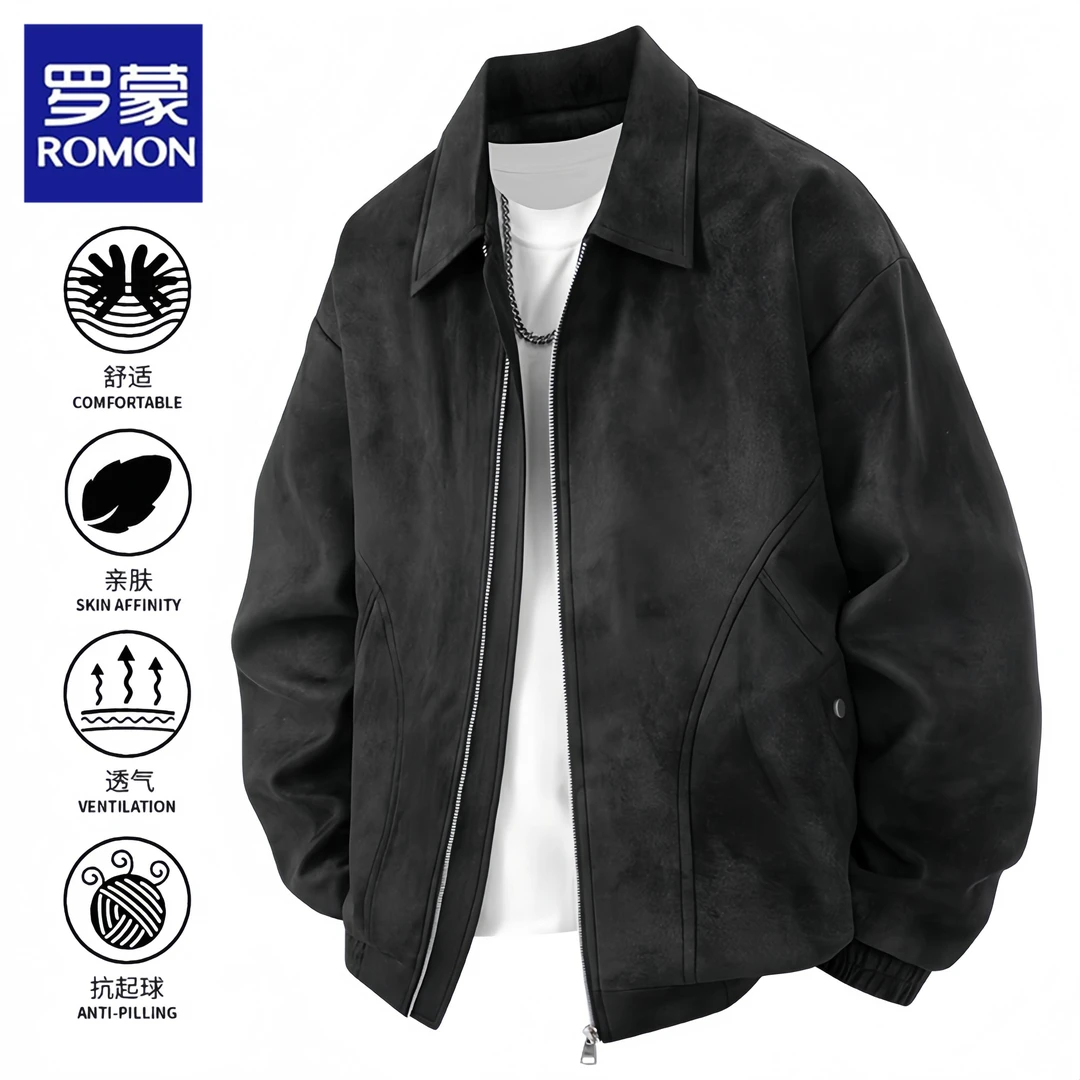 Romon/罗蒙新款秋季美式复古翻领皮衣休闲时尚百搭男士夹克外套潮