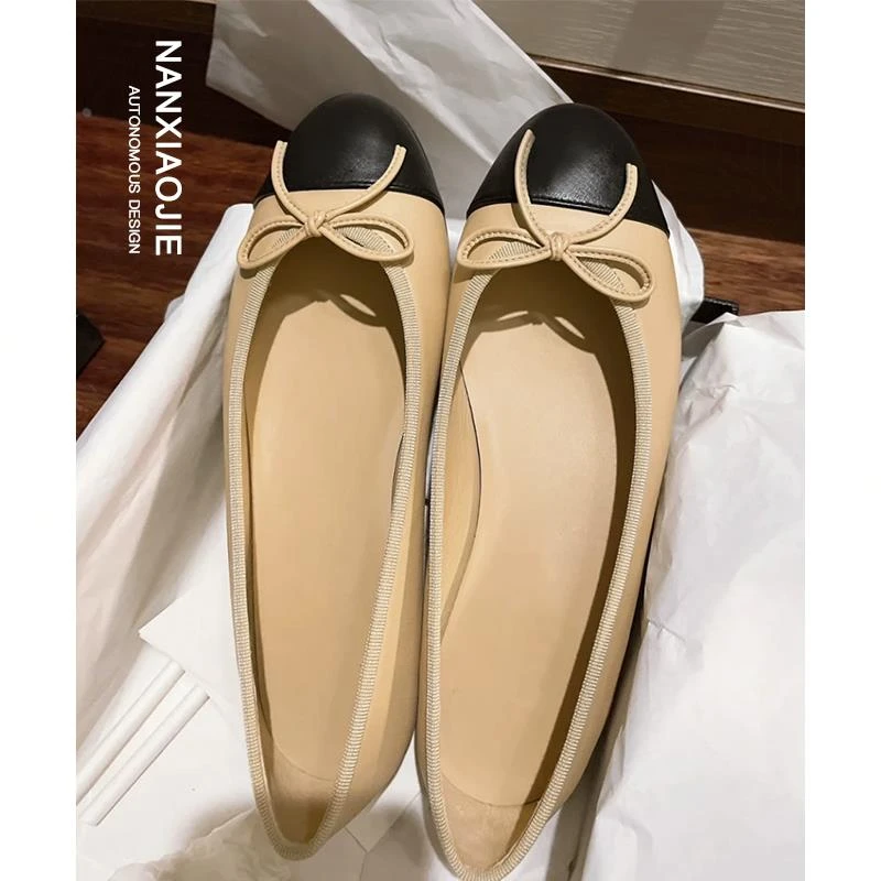 【维米克设计师版】百搭版~气质蝴蝶结圆头浅口单鞋女小香经典拼