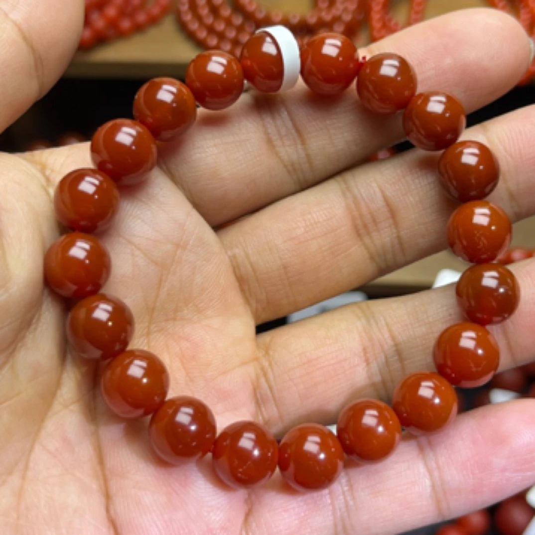 天然瓦山料南红玛瑙10mm单圈手串牛血红暗红圆珠手链百搭男女同款