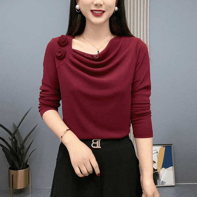 2025春季打底衫气质百搭两朵花妈妈装纯色长袖显瘦时尚堆堆领加绒