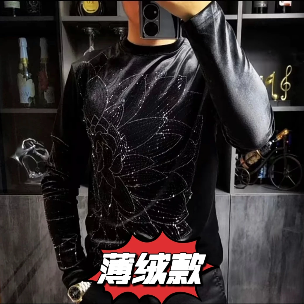 【现货】3912秋冬新款潮流时尚男士圆领休闲金丝绒修身长袖T恤烫钻