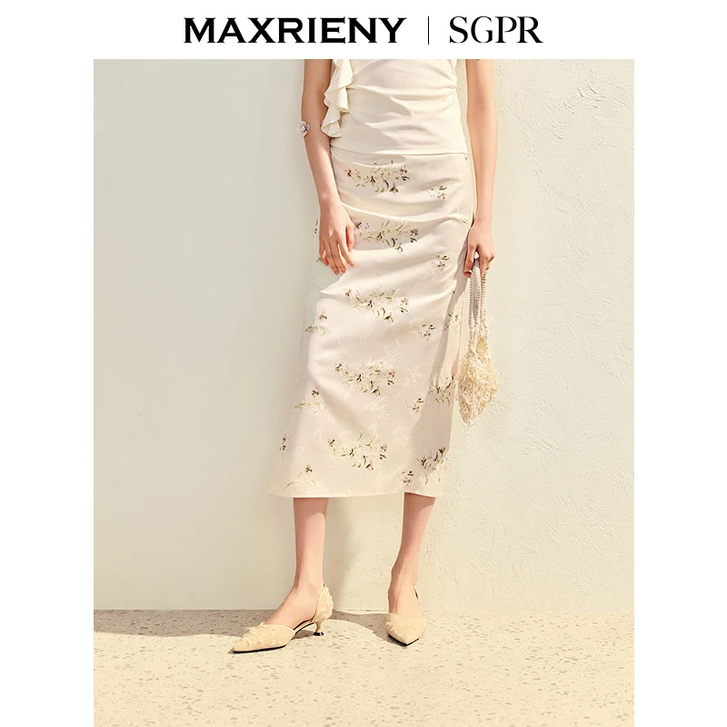 【商场同款】MAXRIENY中式优雅复古半裙25夏缎面抽褶开叉包臀长裙