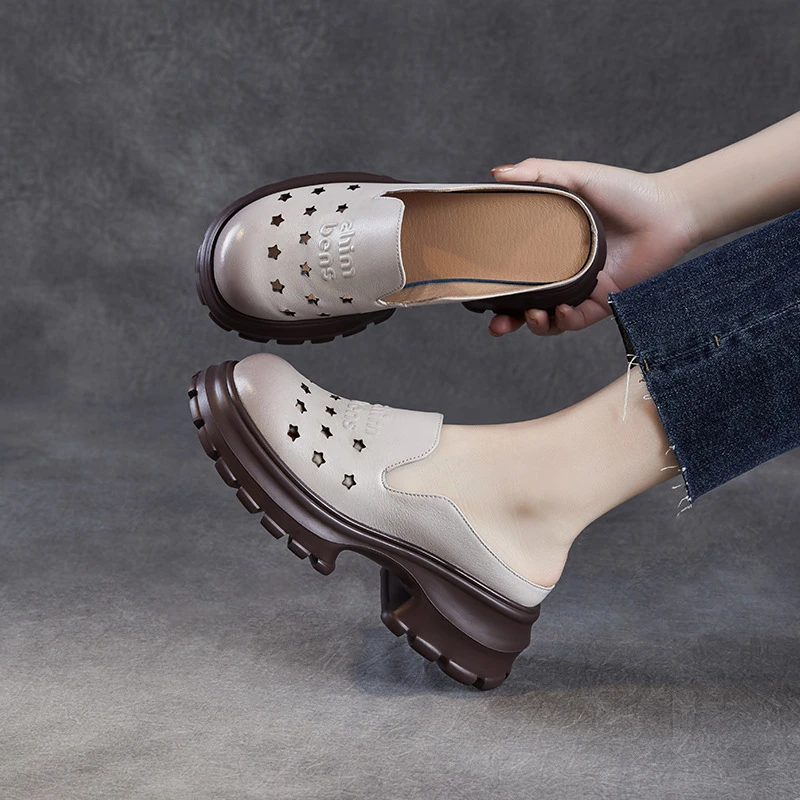 百搭软底复古厚底洞洞圆头时尚休闲春夏镂空平底高跟夏季增